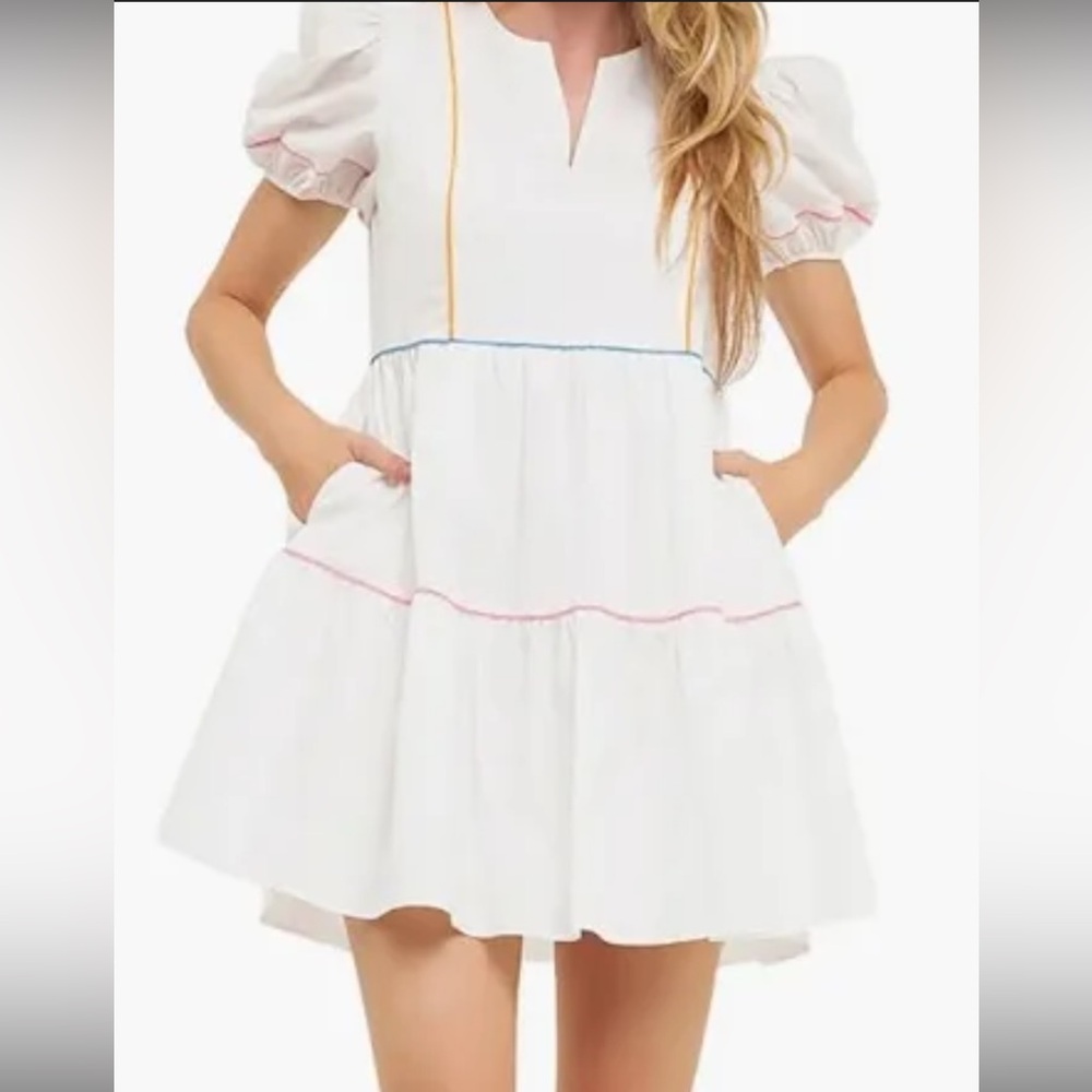 English Factory White and Pink Puff Sleeve Mini Sundress